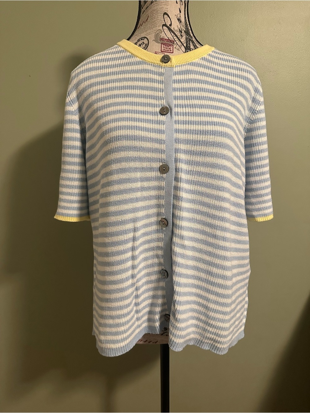 Striped Button-Back Knit Top in Light Blue & White with Yellow Trim